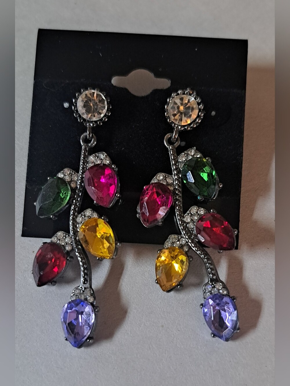 Festive Christmas Earrings Pierced Jewel Tone Crystals Black Gunmetal Vine